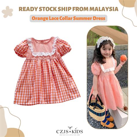 Kids Dress 2 8 Years Orange Lace Check Girl Summer Dress Baju Budak