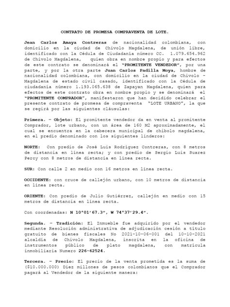 Contrato De Promesa Compraventa De Lote Didier Andrade Pdf Derecho