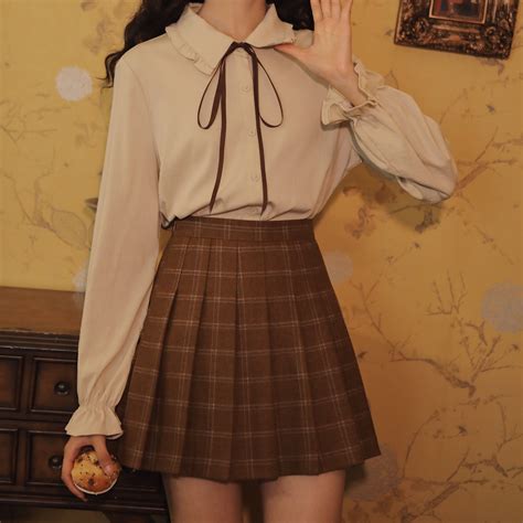 Dark Academia Coffee Grids Jk Pleated Skirt Ss Material Polyester