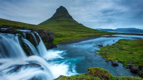 iceland waterfall hills river nature scenery hd wallpaper preview