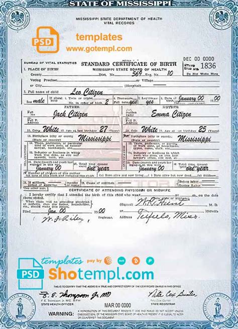 USA Mississippi State Birth Certificate Template In PSD Format Fully