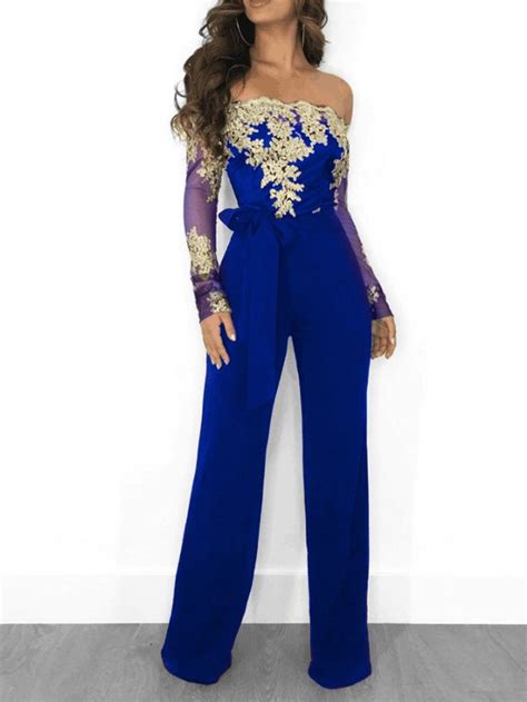 Flower Embroidery Off Shoulder Wide Leg Jumpsuit Jumpsuits For Women