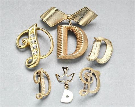 6 Vintage Letter D Brooches Gold Tone Brass Rhinestone Mother Of Pearl