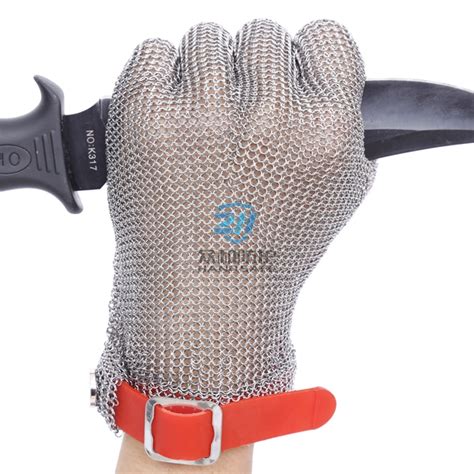 Rubber Strap Five Finger Ring Mesh Stainless Steel Chainmail Gloves