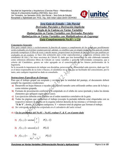 PDF 3era Guía de Estudio 2do Parcial Derivadas Parciales y