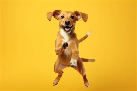 premium ai image cute happy puppy jumping  yellow background ai