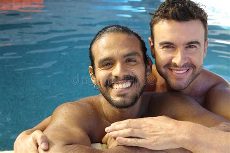 Gorgeous Interracial Gay Couple In Swimming Pool Stock Image Image Of Dating Hispanic 228121993