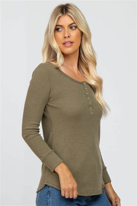 Olive Waffle Knit Front Snap Button Top Pinkblush