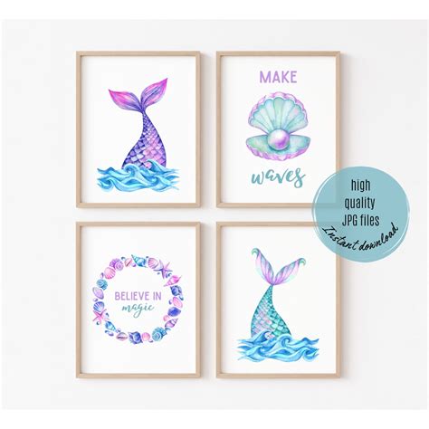 Kids Mermaid Wall Art Mermaid Printable Wall Art Pastel - Etsy