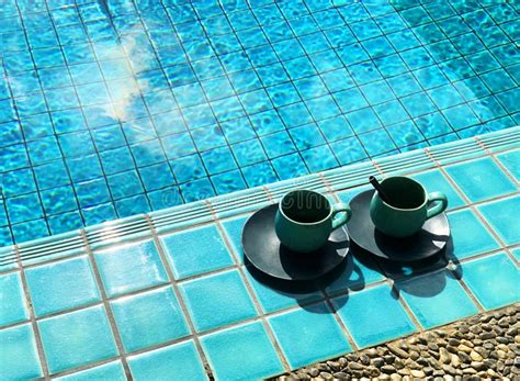 Two Vintage Cup Of Hot Coffee Beside The Pool Stock Photo Image Of Coffee Latte 200115486