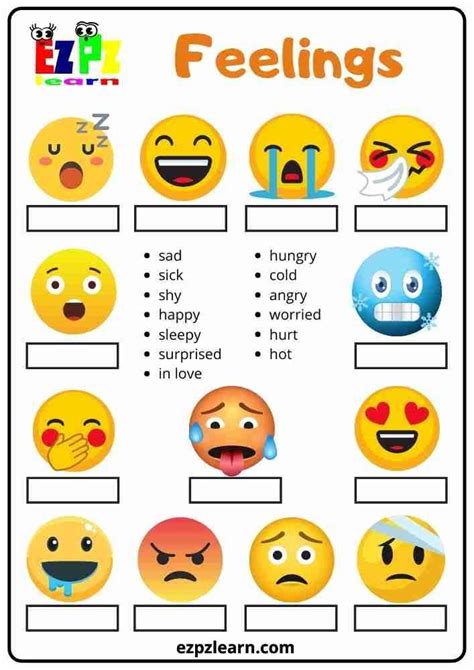 Free Printable English Word Match Topic Feelings For English Learner