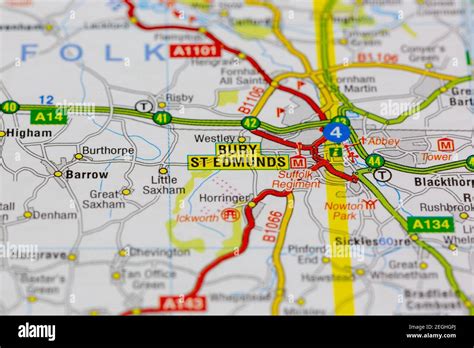 bury st edmunds  surrounding areas shown   road map  geography map stock photo alamy