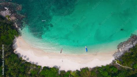 4K Aerial view drone shot Top-view of Coconut palm trees Top-down view. Green palm tree on beach ...