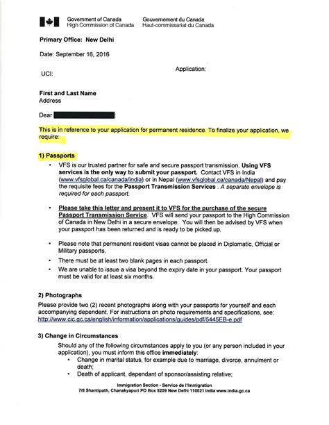 Passport Request Letter That Indicates Permanent Resident Visa Issuance