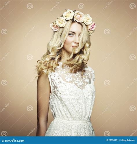 Portrait Of A Beautiful Blonde Woman With Flowers In Her Hair Stock Image Image Of Human Girl