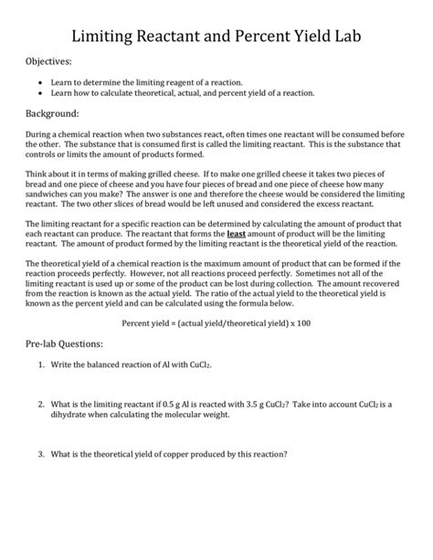 Limiting Reactant And Yield Mini Lab