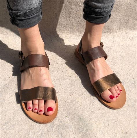 Malu 40 Sandlas Flat Bronze Leather Sandals Roman Strappy Etsy