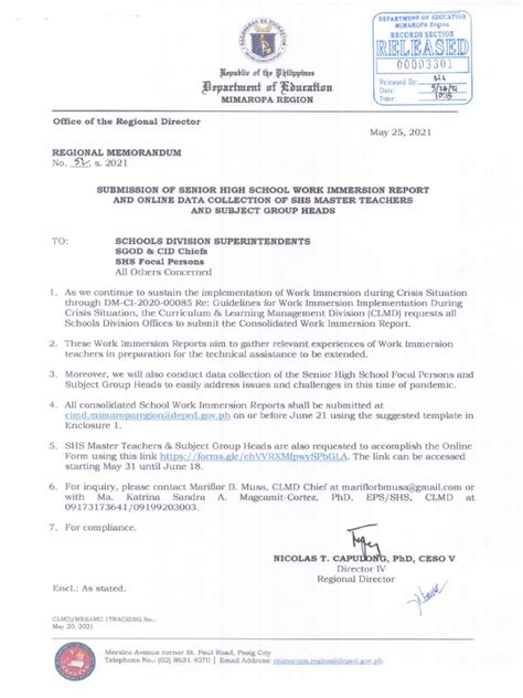 Memorandum No 52 S 2021 Submission Of Senior High School Work