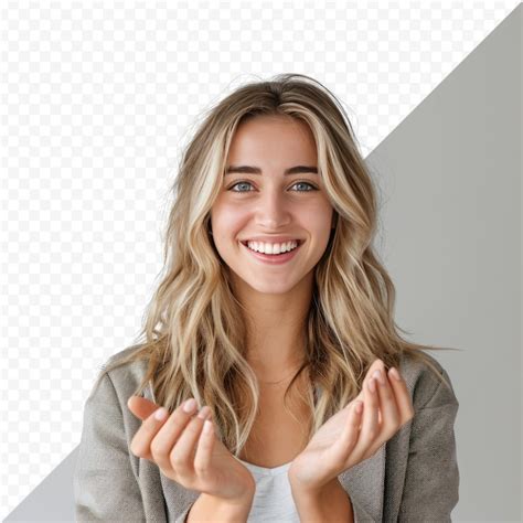 Jeune Femme Jolie Blonde Souriante Se Sentant Heureuse Positive Et Satisfaite Tenant Ou Montrant