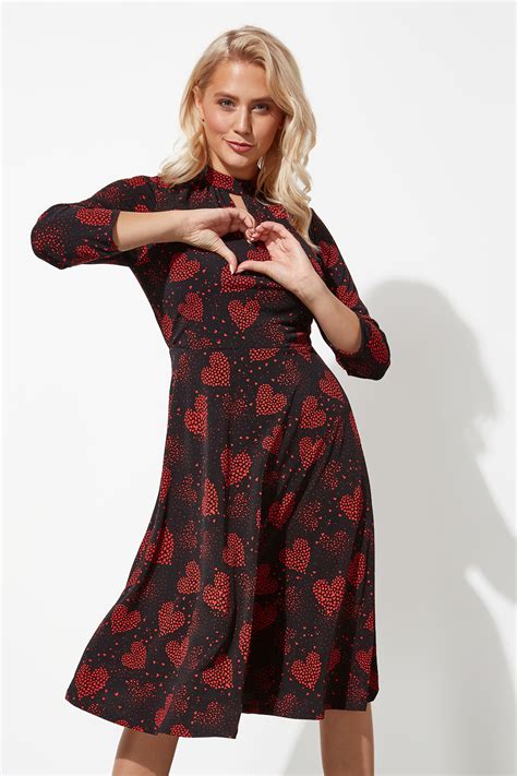 Heart Print Keyhole Neck Midi Dress In Red Roman Originals Uk