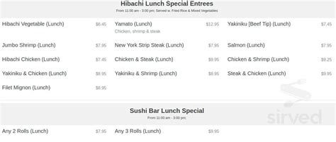 Yamato Steakhouse Menu In Pascagoula Mississippi USA