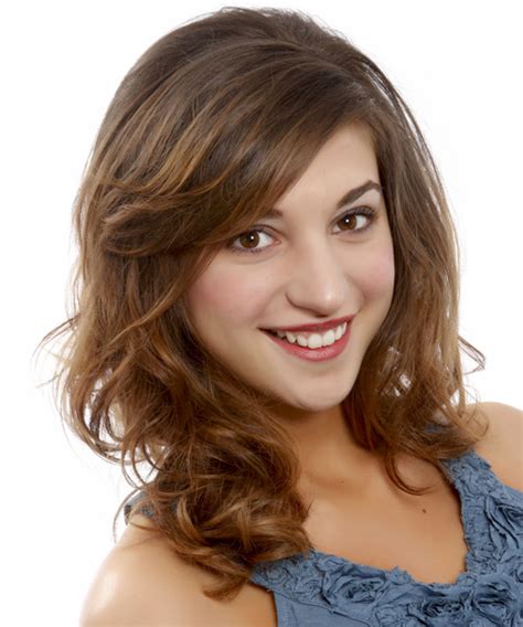 Medium Wavy Chestnut Brunette Hairstyle With Side Swept Bangs And Light