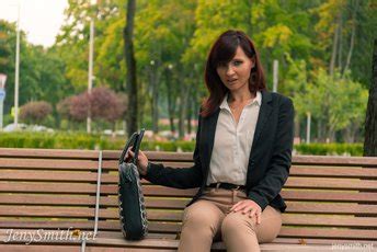 Amazing Babe Jeny Smith Showing Her Nice Tits On The Bench Outdoors 16 Photos