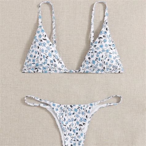 Shein Blue Floral Bikini Set Size S Brand New Depop