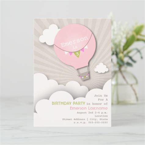 Pink Hot Air Balloon Clouds Girl S Birthday Invitation Zazzle