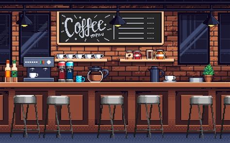 Premium Vector | Pixel art illustration coffeeshop background pixelated cafe cozy coffeeshop ...