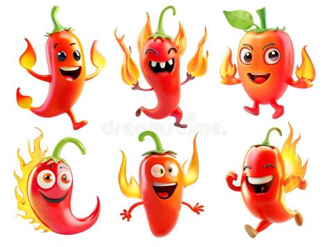 Collection Of Cartoon Red Hot Pepper Characters In Various Poses With Fire Stock Image