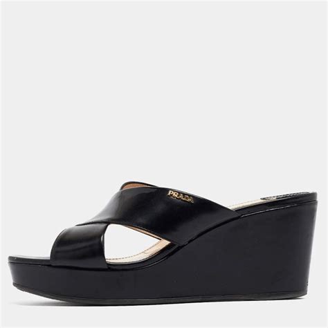Prada Black Patent Wedge Slide Sandals Size 40 Prada The Luxury Closet