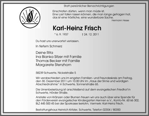 Traueranzeigen Von Karl Heinz Frisch Trauer In Nrw De