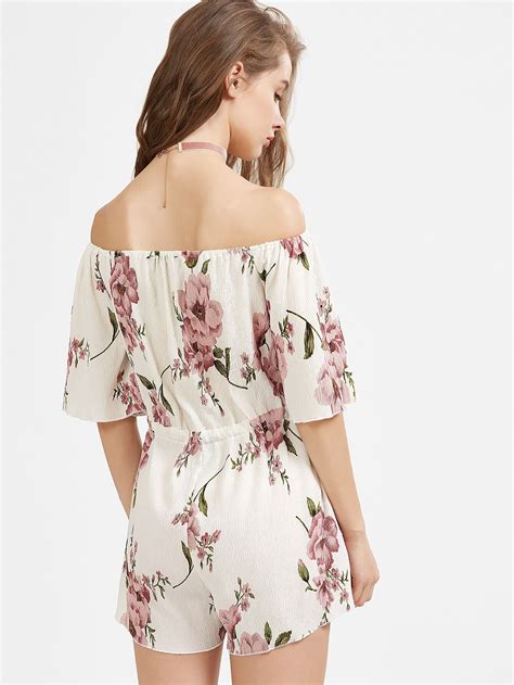 Off Shoulder Floral Drawstring Playsuit Shein Sheinside