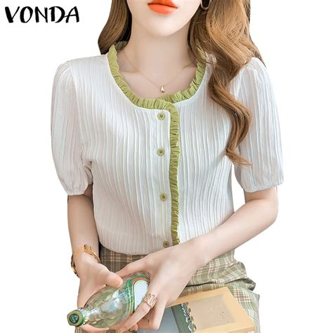 Vonda Women Korean Casual Short Sleeve Round Neck Puff Solid Flap