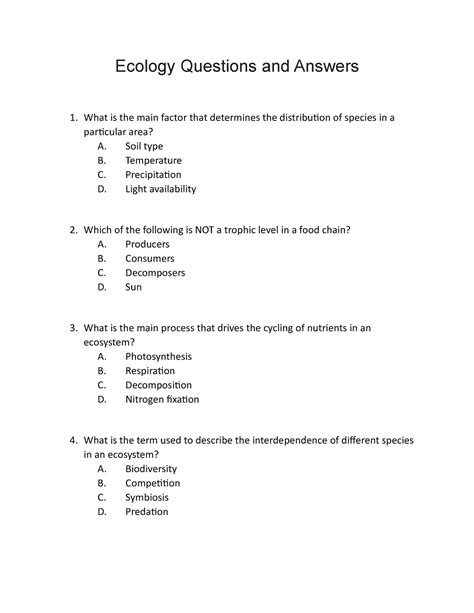 Ecology Study Guide Ecology Questions And Answers What Is The Main