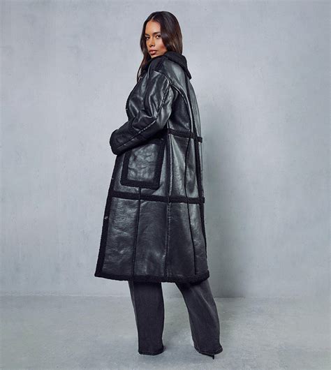 Buy Misspap Leather Look Longline Aviator Coat In Black 6thstreet Qatar