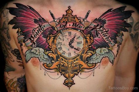 Wings And Clock Tattoo On Chest | Tattoo Designs, Tattoo Pictures