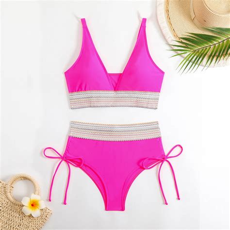 Dorinao Women S Color Blocking Deep V Bikini Pleated Swimsuit Pink M Walmart