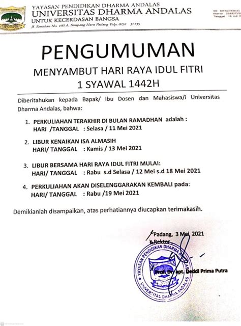 Pengumuman Libur Hari Raya Idul Fitri Syawal H Universitas