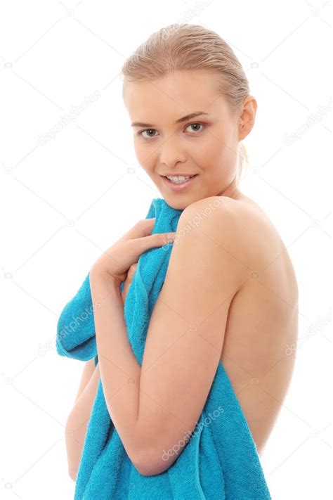 Portrait Beautiful Naked Woman Covering Her Body Blue Towel Isolated Stock Photo By Piotr