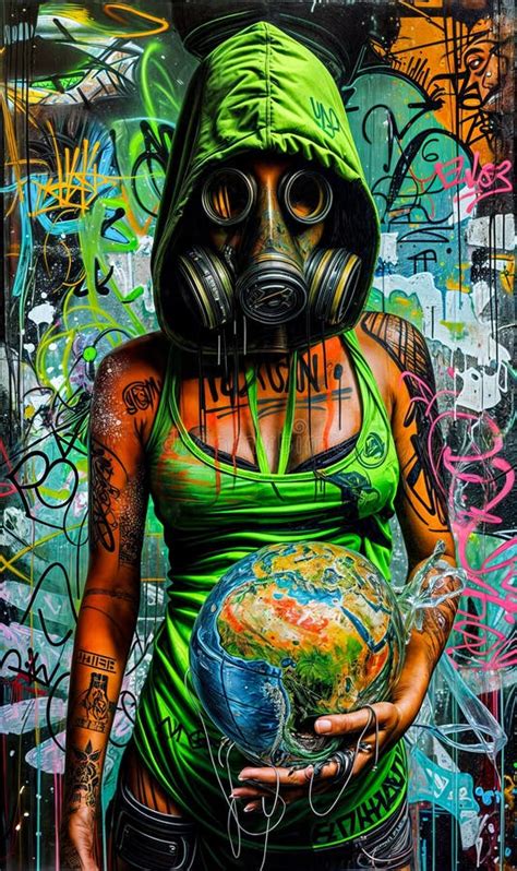 Painting Of Woman Wearing Gas Mask And Holding Globe In Her Hands