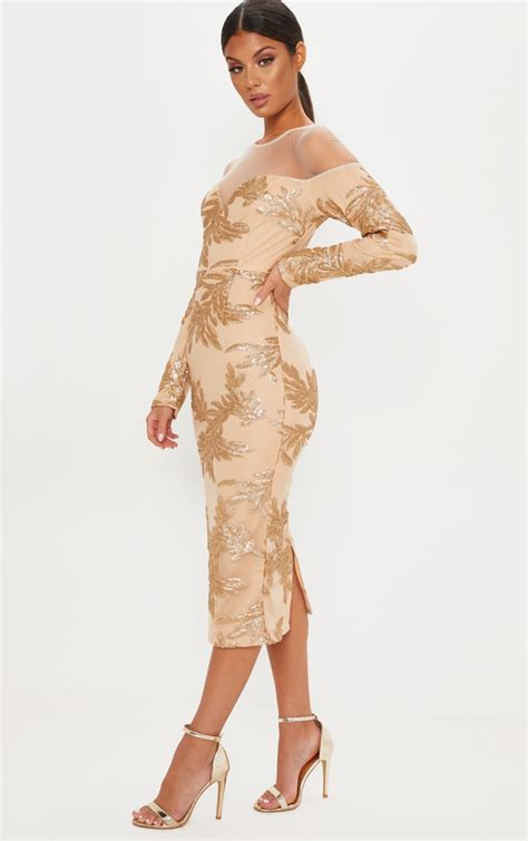 Gold Sequin Mesh Insert Midi Dress Dresses Prettylittlething