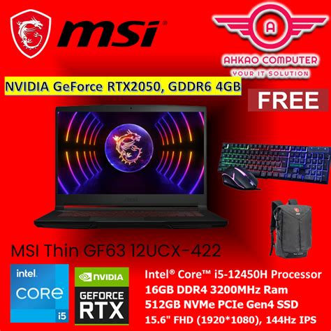 Msi Thin Gf63 12ucx 422 156 Fhd Gaming Laptop I5 12450h 8gb