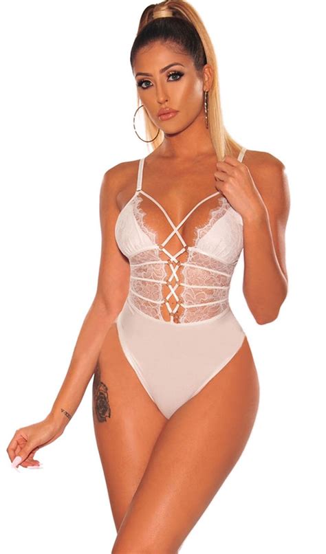 Free Shipping Sexy White Sheer Floral Lace Up Bodysuits Woman Summer