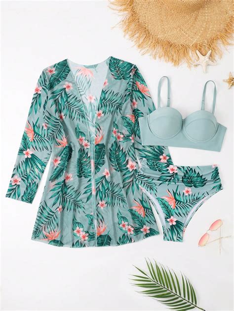 Con Estampado Tropical Set De Bikini Sujetador Push Up Hipster Bottom De Bikini Kimono 3