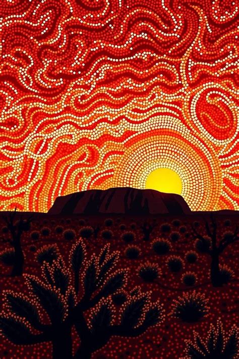 Aboriginal Art Sunset Landscape Print, Uluru Ayers Rock, Vibrant Red
