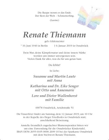 Traueranzeigen Von Renate Thiemann Noz Trauerportal