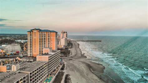 Aerial View Of Myrtle Beach Skyline At Sunset From Drone Point Of View South Carolina Stock