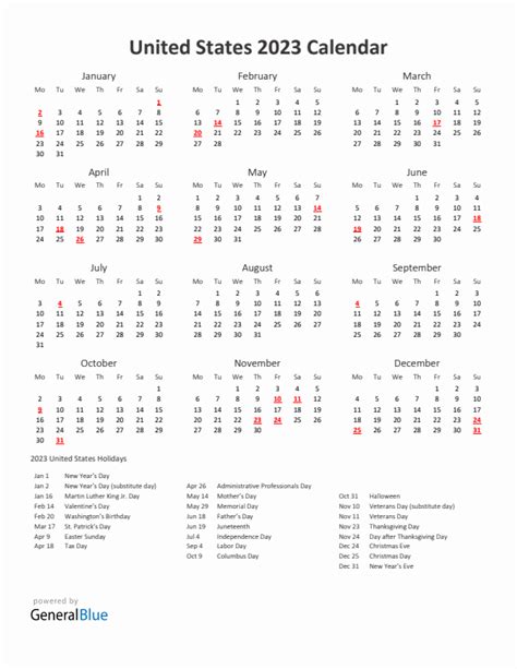 2023 United States Calendar with Holidays